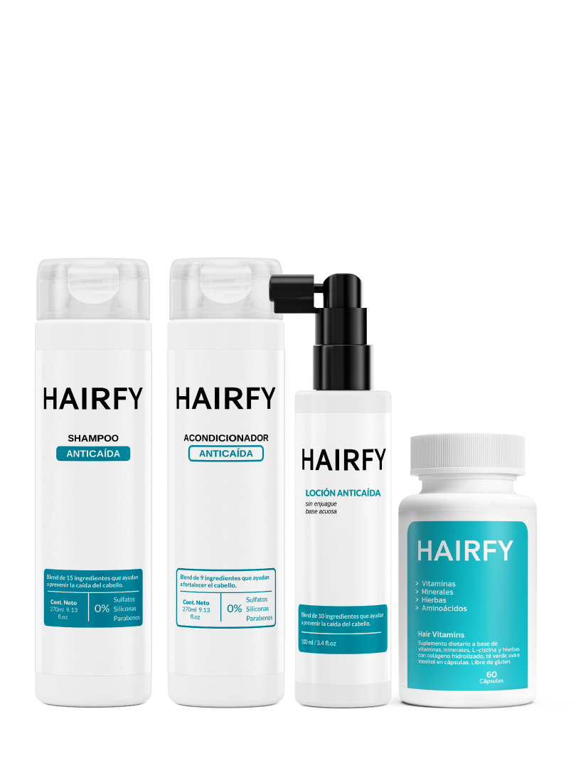Combo Rutina Anticaída Avanzada para Mujeres: Shampoo Anticaída+ Acondicionador Anticaída+ Loción Anticaída+ Vitaminas Hairfy