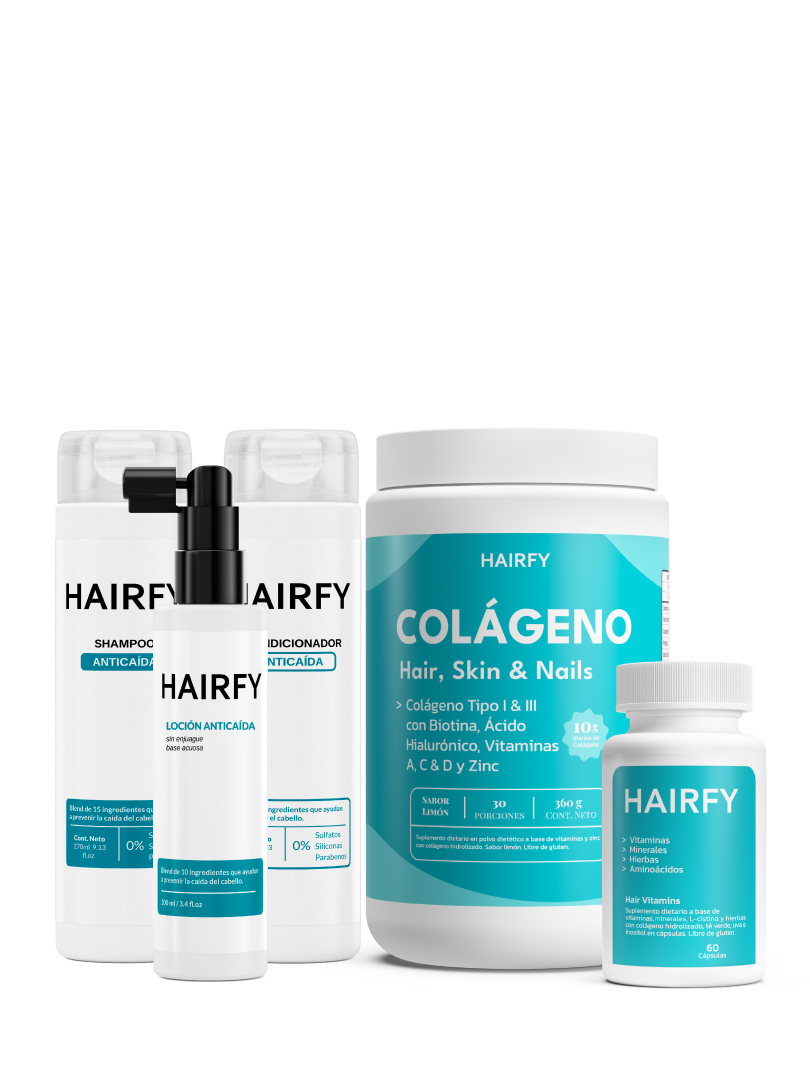 Combo Rutina Anticaída Completa+: Loción Anticaída + Vitaminas Hairfy + Colágeno + Shampoo + Acondicionador