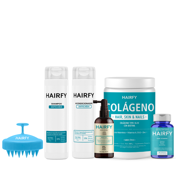 Kit Completo Anticaída: Loción Anticaída + Vitaminas Hairfy + Colágeno + Shampoo + Acondicionador