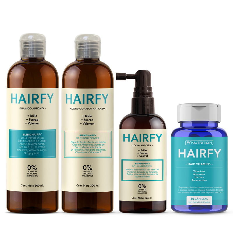 Kit Anticaída Mujeres: Shampoo + Acondicionador + Loción + Vitaminas Hairfy