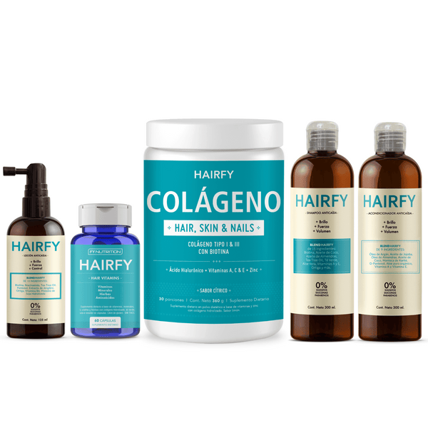 Kit Completo Anticaída: Loción Anticaída + Vitaminas Hairfy + Colágeno + Shampoo + Acondicionador