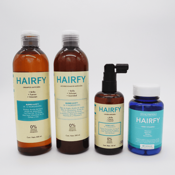 Kit Anticaída Mujeres: Shampoo + Acondicionador + Loción + Vitaminas Hairfy