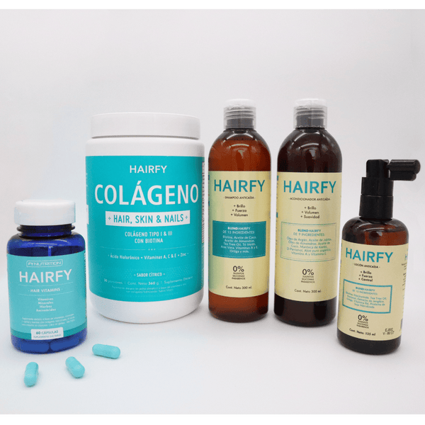 Kit Completo Anticaída: Loción Anticaída + Vitaminas Hairfy + Colágeno + Shampoo + Acondicionador