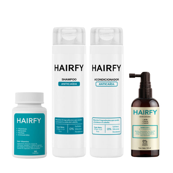 Combo Rutina Anticaída Avanzada para Mujeres: Shampoo Anticaída+ Acondicionador Anticaída+ Loción Anticaída+ Vitaminas Hairfy