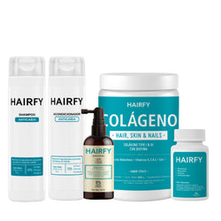 Combo Rutina Anticaída Completa+: Loción Anticaída + Vitaminas Hairfy + Colágeno + Shampoo + Acondicionador