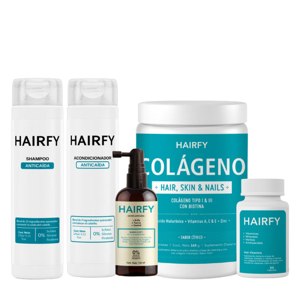 Combo Rutina Anticaída Completa+: Loción Anticaída + Vitaminas Hairfy + Colágeno + Shampoo + Acondicionador