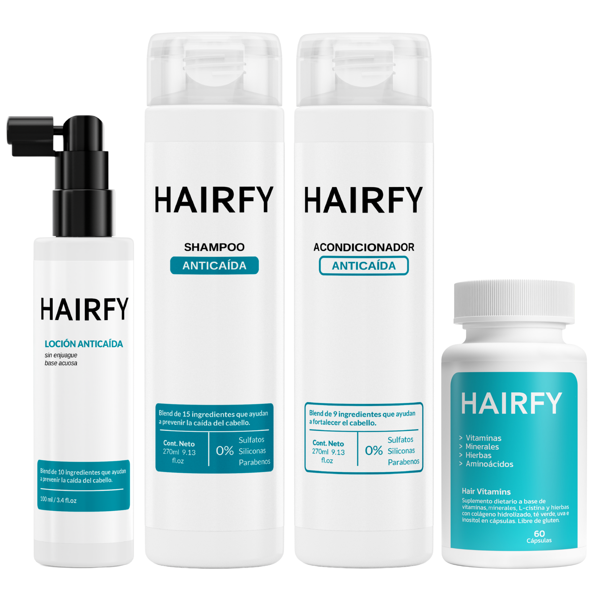 Combo Rutina Anticaída Avanzada para Mujeres: Shampoo Anticaída+ Acondicionador Anticaída+ Loción Anticaída+ Vitaminas Hairfy