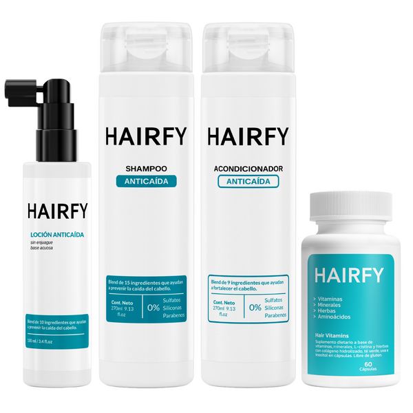 Combo Rutina Anticaída Avanzada para Mujeres: Shampoo Anticaída+ Acondicionador Anticaída+ Loción Anticaída+ Vitaminas Hairfy