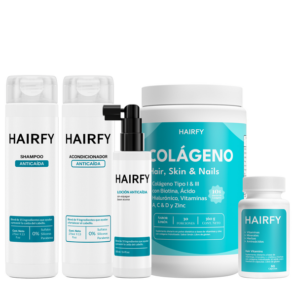 Combo Rutina Anticaída Completa+: Loción Anticaída + Vitaminas Hairfy + Colágeno + Shampoo + Acondicionador