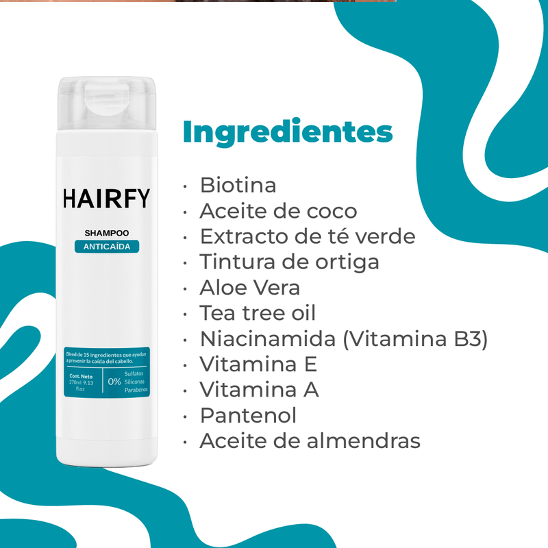 Combo Rutina Anticaída Completa+: Loción Anticaída + Vitaminas Hairfy + Colágeno + Shampoo + Acondicionador + Masajeador